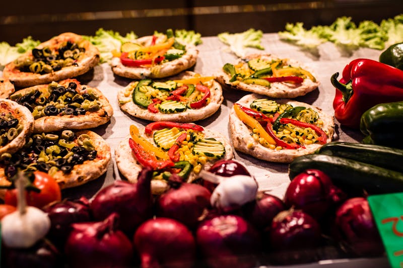 Roasted Veggie Detroit pizza with colorful vegetables